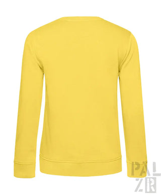 Gelber Crewneck-Sweatshirt mit gerippten Bündchen und Saum, wahrscheinlich aus Baumwolle oder Polyester-Mischung gefertigt.