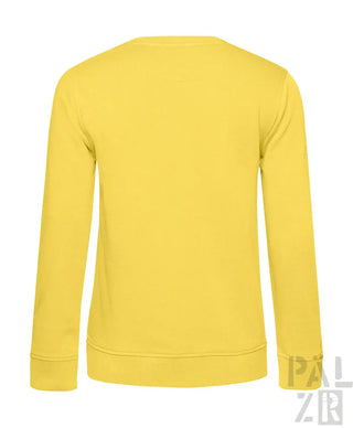 Gelber Crewneck-Sweatshirt mit gerippten Bündchen und Saum, wahrscheinlich aus Baumwolle oder Polyester-Mischung gefertigt.