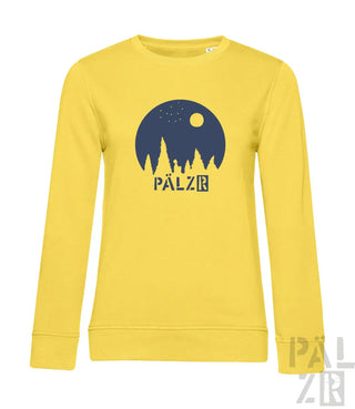 Gelbes Bio-Baumwoll-Sweatshirt mit ’pälzr’-Logo und Wald-Design.