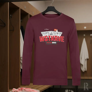 Frauen pulli wstkrve langarm sweatshirt in bordeaux mit auffälligem rot weißem text und architekturprint