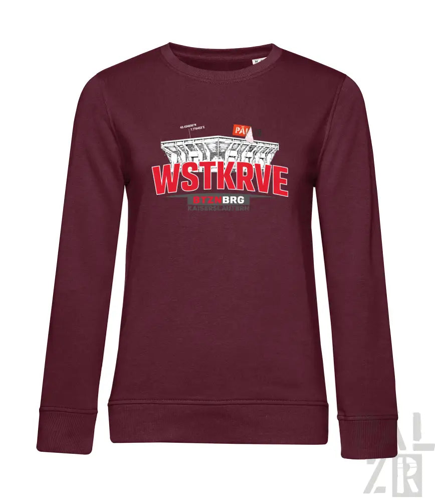 Frauen pullover wstkrve in bordeaux mit auffälligem stadion grafikdruck und roten wstkrve buchstaben