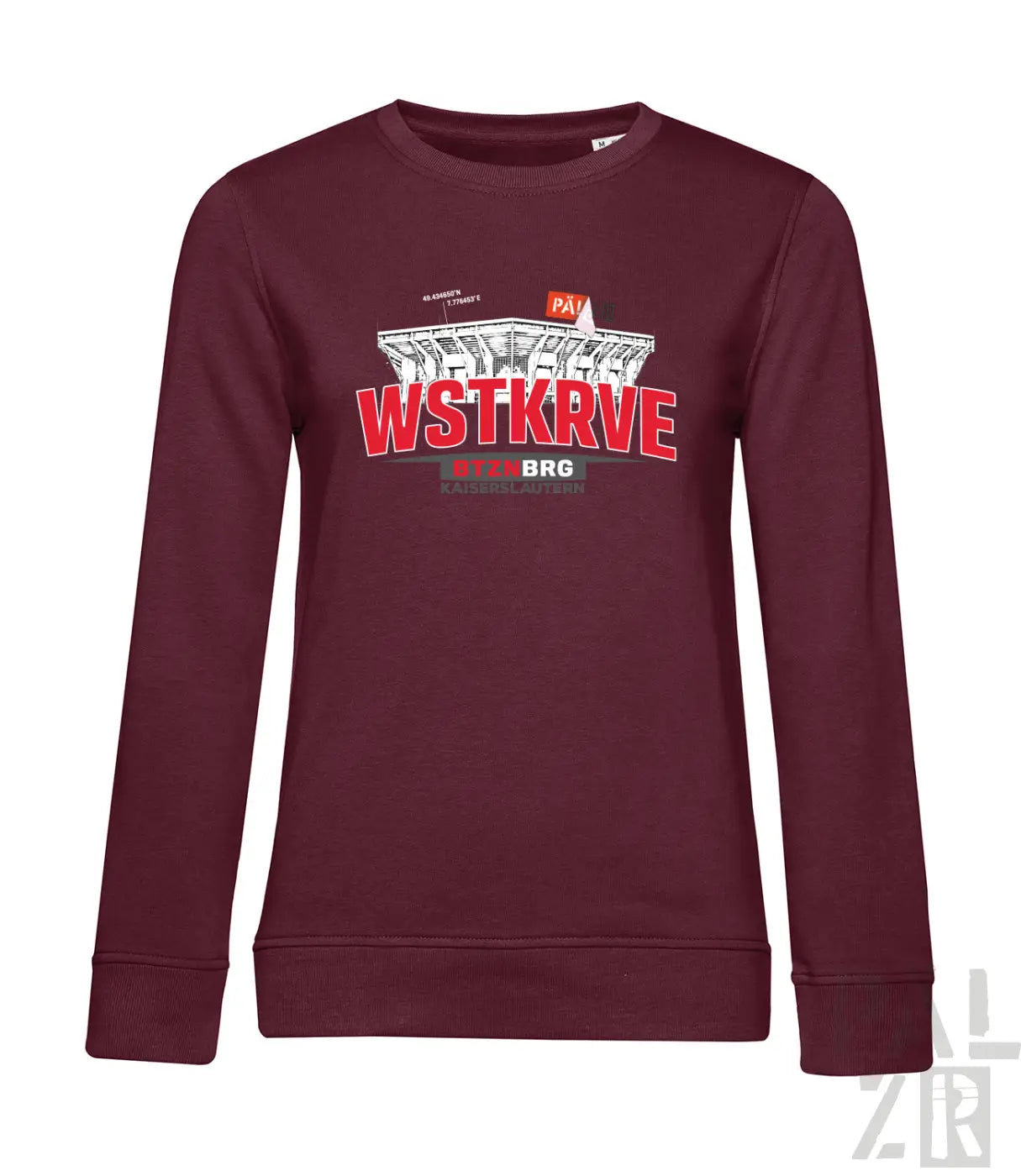 Frauen pullover wstkrve in bordeaux mit auffälligem stadion grafikdruck und roten wstkrve buchstaben