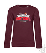Frauen pullover wstkrve in bordeaux mit auffälligem stadion grafikdruck und roten wstkrve buchstaben