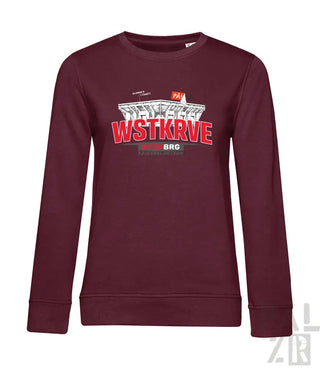 Frauen pullover wstkrve in bordeaux mit auffälligem stadion grafikdruck und roten wstkrve buchstaben
