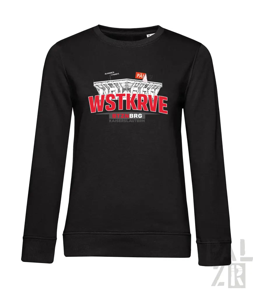 Schwarzer frauen langarm pullover mit rotem und weißem stadion grafik und wstkrv aufdruck vorne
