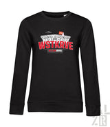 Schwarzer frauen langarm pullover mit rotem und weißem stadion grafik und wstkrv aufdruck vorne