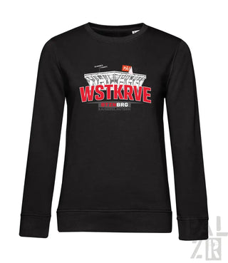 Schwarzer frauen langarm pullover mit rotem und weißem stadion grafik und wstkrv aufdruck vorne
