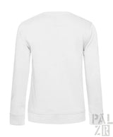 Weißer langärmliger frauen pulli wstkve mit rundhalsausschnitt und gerippten abschlüssen aus verschiedenen farben