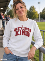 Weißer damen sweatshirt mit langen ärmeln und rotem westkurvenkind schriftzug vorne in verschiedenen farben