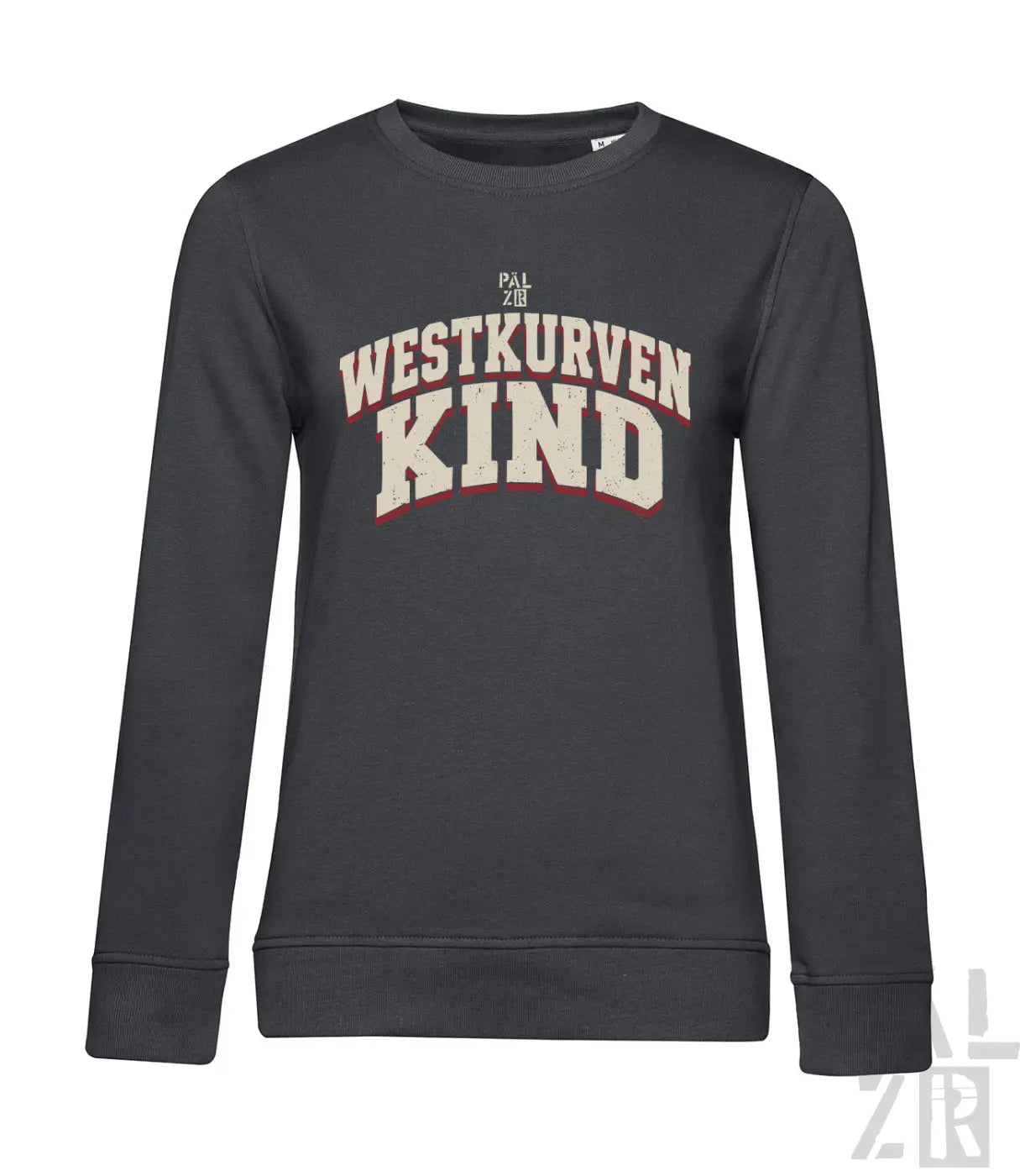 Frauen dunkelgraues sweatshirt mit langarm und weiß-rotem westkurvenkind-print in bogenform auf der brust
