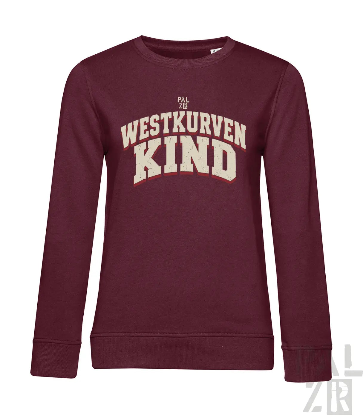 Maroonfarbenes frauen langarm sweatshirt mit distressed cremefarbenem westkurvenkind bogenprint auf der brust