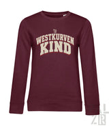 Maroonfarbenes frauen langarm sweatshirt mit distressed cremefarbenem westkurvenkind bogenprint auf der brust