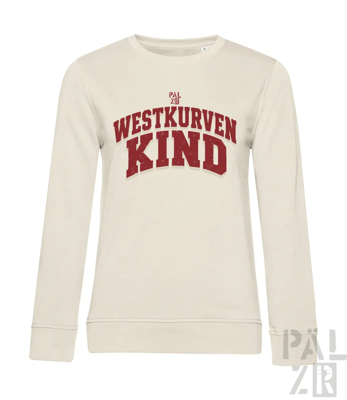 Creamfarbenes damen sweatshirt mit roten arched lettering westkurvenkind aus verschiedenen farben