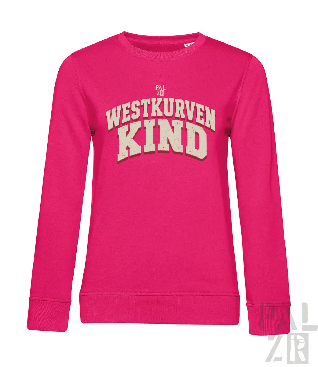 Frauen sweatshirt westkurvenkind in pink mit cremefarbenem westkurven kind bogen und pal zib logo