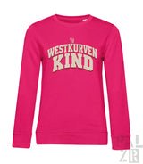 Frauen sweatshirt westkurvenkind in pink mit cremefarbenem westkurven kind bogen und pal zib logo