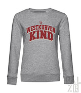 Frauensweatshirt in grau meliert mit langarmen und auffallendem roten und cremefarbenem westkurvenkind schriftzug