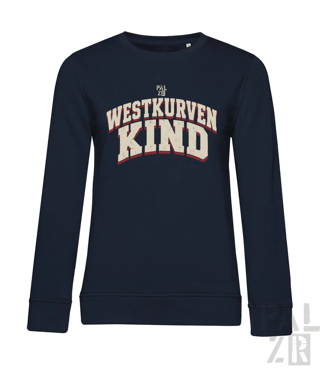 Damen sweatshirt in navyblau mit langärmeln und westkurvenkind schriftzug in creme und rot auf der brust