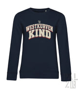 Damen sweatshirt in navyblau mit langärmeln und westkurvenkind schriftzug in creme und rot auf der brust