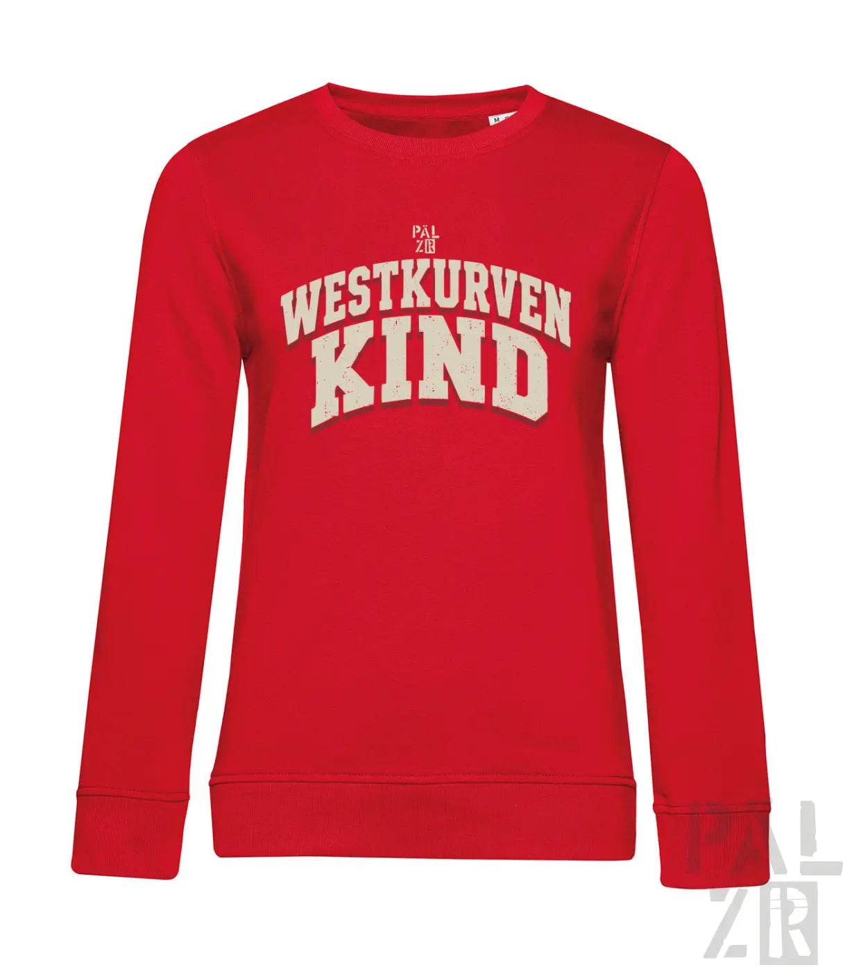 Rotes frauen sweatshirt mit langarm und cremefarbenem schriftzug westkurvenkind in bogenform