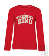 Rotes frauen sweatshirt mit langarm und cremefarbenem schriftzug westkurvenkind in bogenform