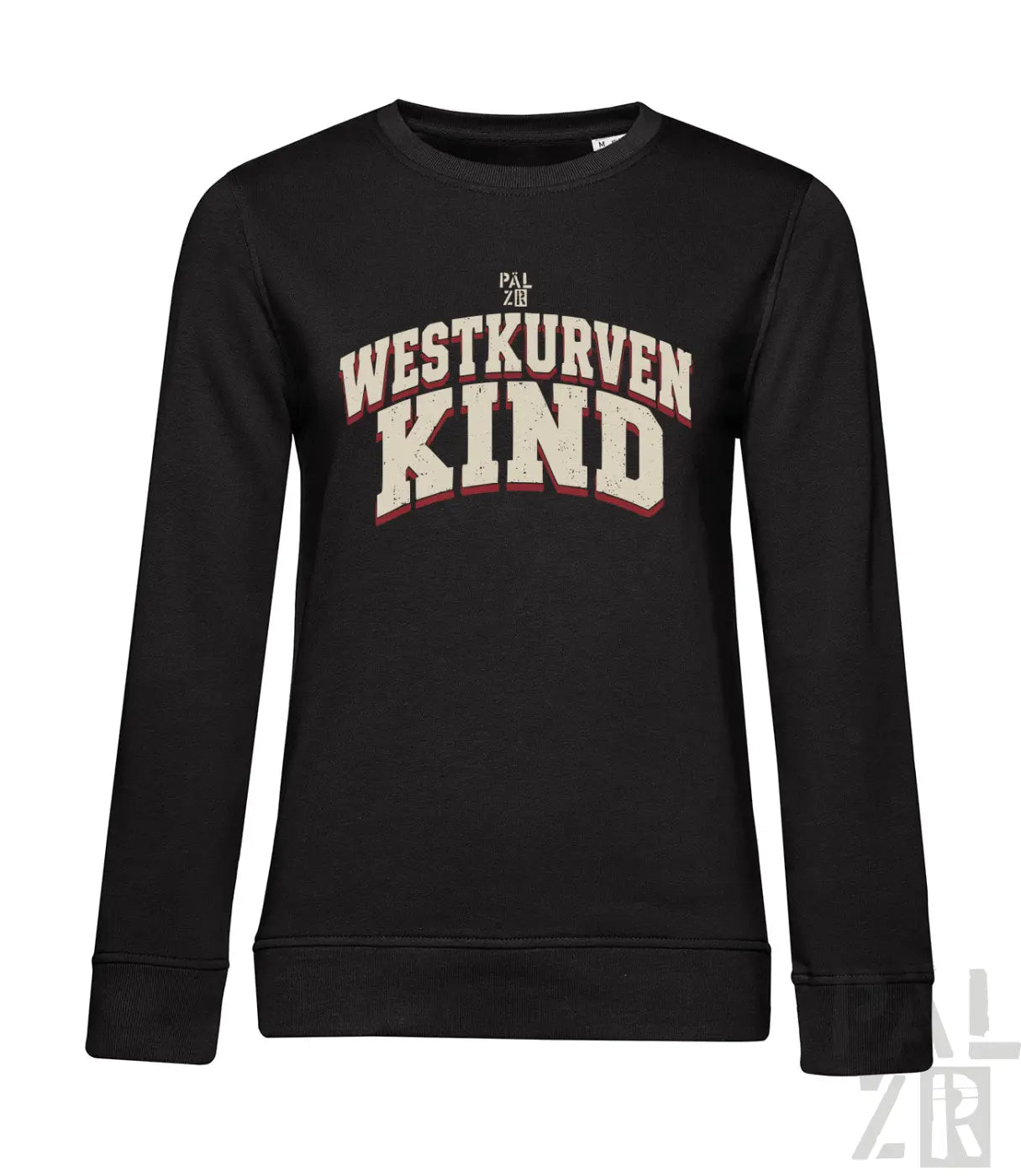 Schwarzes frauen sweatshirt mit langärmel und distressed cream maroon westkurvenkind grafik vorne