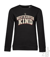 Schwarzes frauen sweatshirt mit langärmel und distressed cream maroon westkurvenkind grafik vorne
