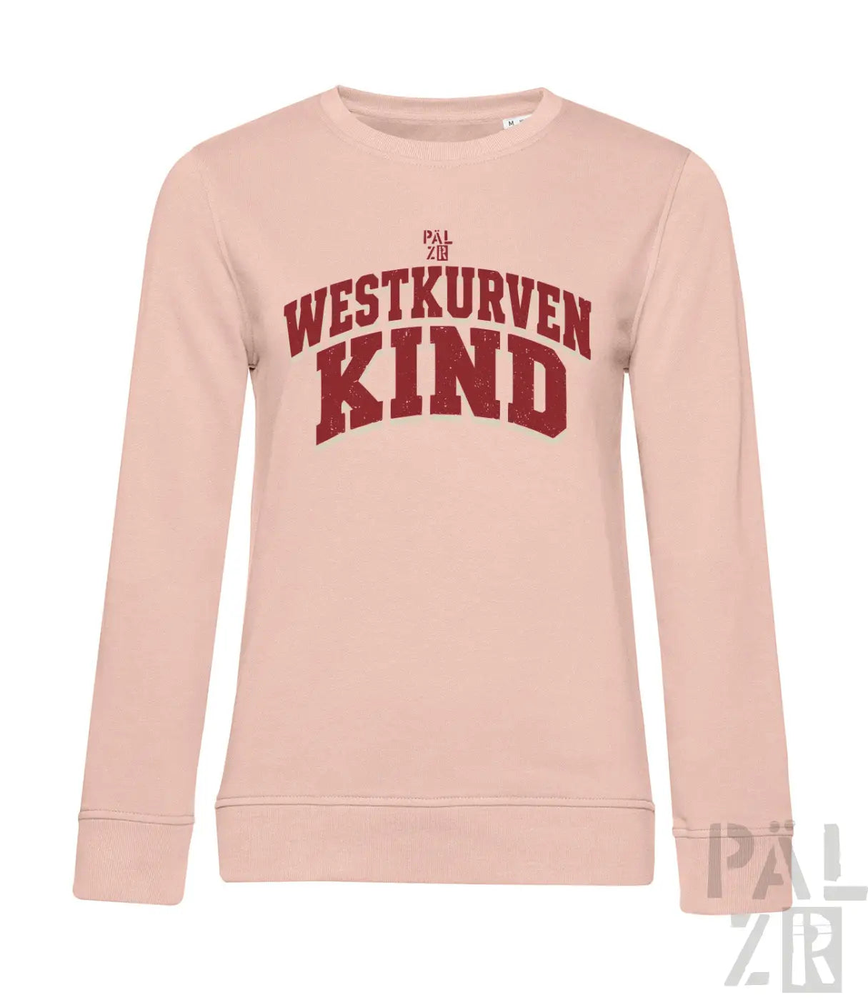 Weiches blush pink sweatshirt für frauen mit auffälligem roten westkurvenkind schriftzug auf der vorderseite