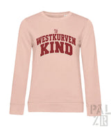 Weiches blush pink sweatshirt für frauen mit auffälligem roten westkurvenkind schriftzug auf der vorderseite