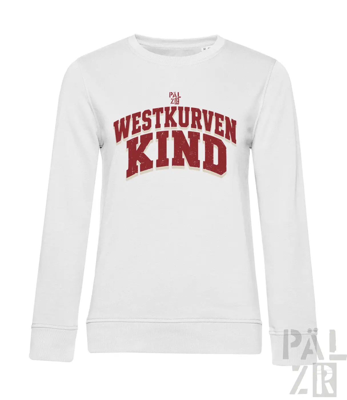 Weißes frauen sweatshirt mit langen ärmeln und rotem westkurvenkind schriftzug auf der brust