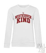 Weißes frauen sweatshirt mit langen ärmeln und rotem westkurvenkind schriftzug auf der brust