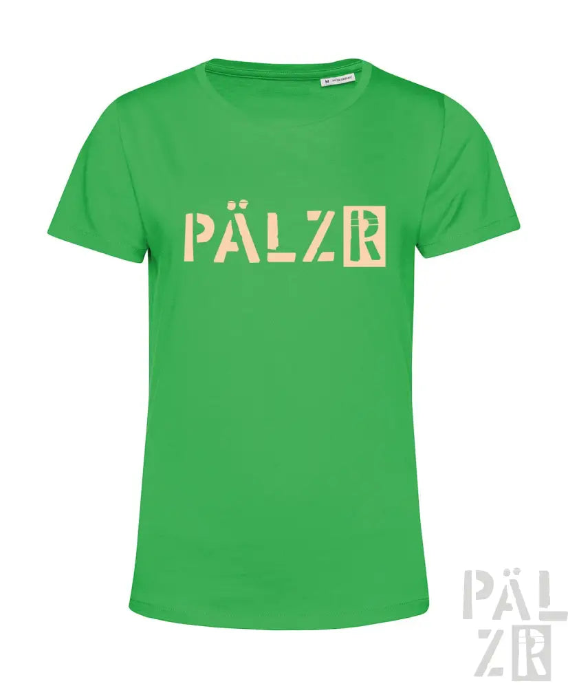 Grünes T-Shirt mit ’pälzr’-Logo in Beige, aus Baumwolle.
