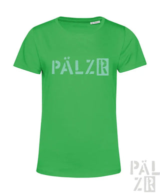 Grünes T-Shirt mit weißem „pälzr“-Logo, aus Baumwolle gefertigt.
