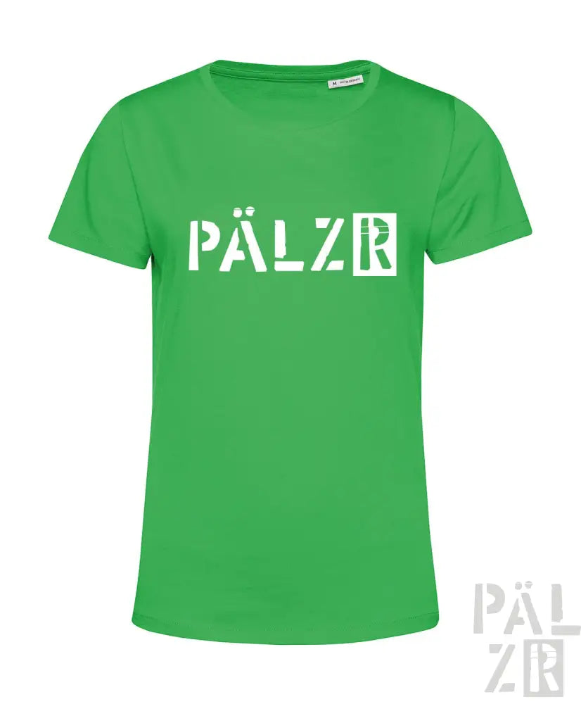 Grünes T-Shirt mit weißem „pälzr“-Logo-Design, aus Baumwolle.