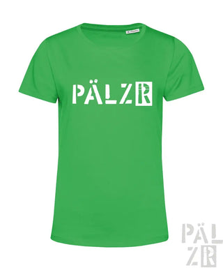 Grünes T-Shirt mit weißem „pälzr“-Logo-Design, aus Baumwolle.