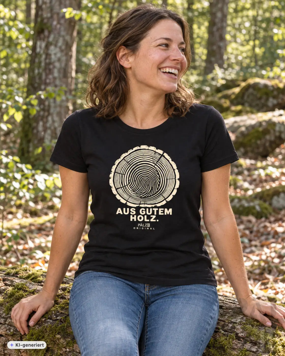 Schwarzes damen t-shirt aus baumwolle mit weißem holzmaserungsmotiv und text aus gutem holz palzb original