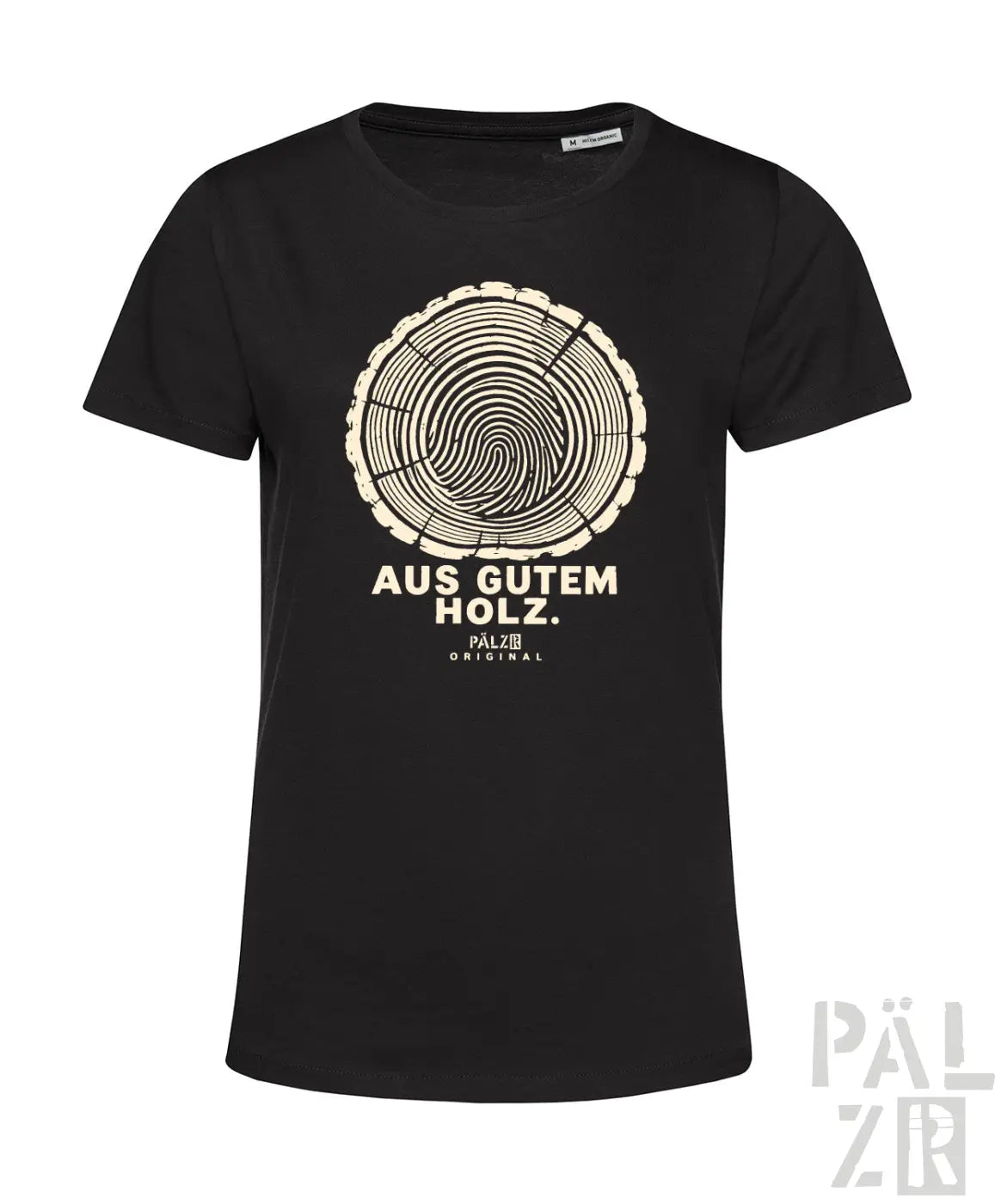 Schwarzes frauen t-shirt mit kurzen ärmeln und cremefarbenem holzring design aus gutem holz pälz original print