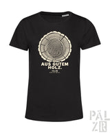 Schwarzes frauen t-shirt mit kurzen ärmeln und cremefarbenem holzring design aus gutem holz pälz original print