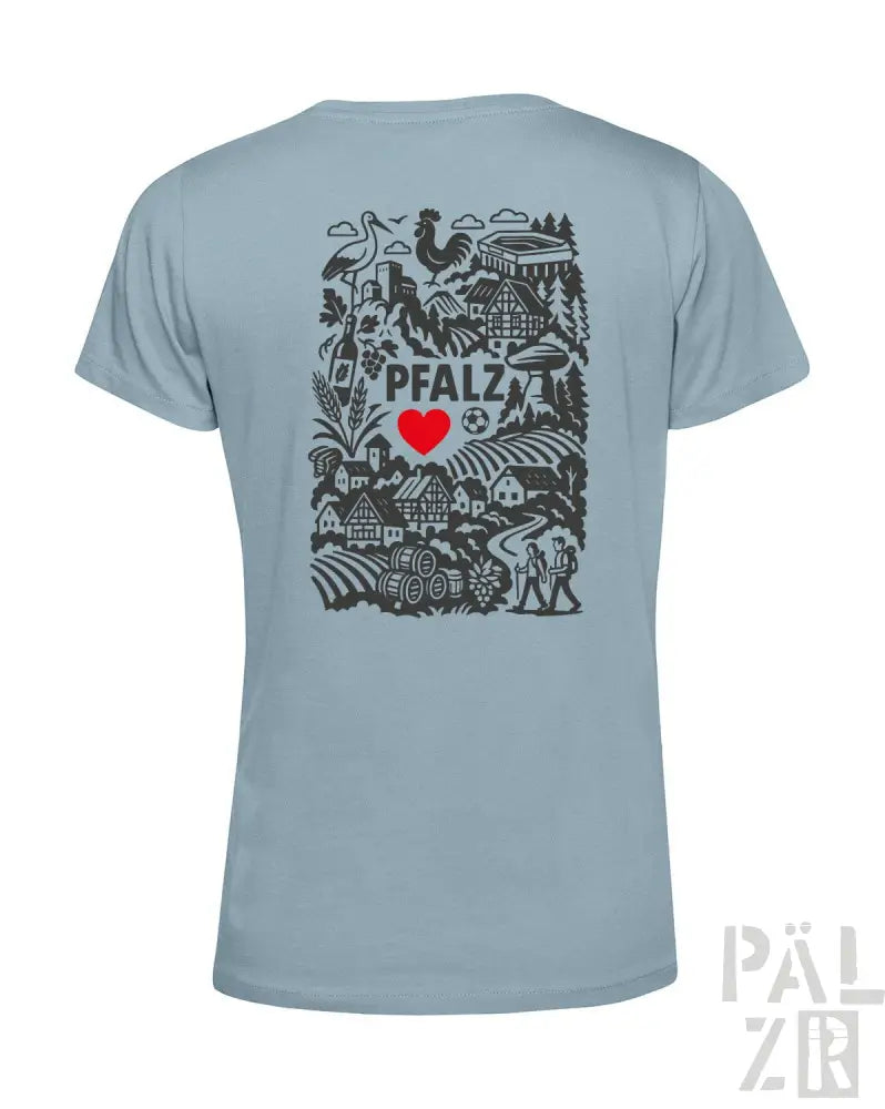 Hellblaues T-Shirt mit schwarz-roter Gestaltung mit dem Text ’pfalz’, Herzsymbol und verschiedenen Illustrationen.
