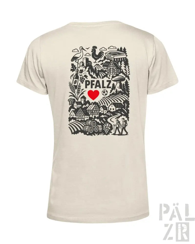 Cremeweiße T-Shirt mit schwarz-rotem Design, das den Text ’Pfalz’, ein Herzsymbol und verschiedene Illustrationen zeigt.