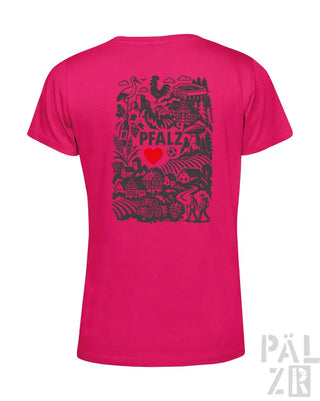 Magenta T-Shirt mit schwarzem Grafikdesign und Text „pfalz“ mit Herzsymbol, wahrscheinlich aus Baumwolle oder Polyester-Mischung.