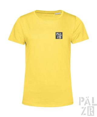 Gelbes T-Shirt mit schwarzem quadratischem Logo und weißem Text ’palzar’ auf der Brust, aus Baumwolle.