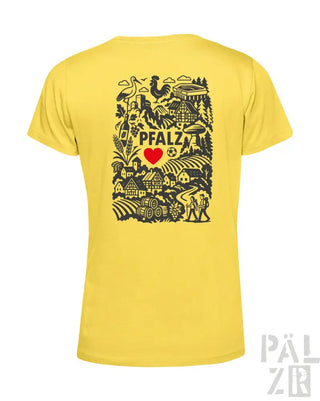 Gelbes T-Shirt mit schwarz-rotem Design, das den Text ’Pfalz’, ein Herzsymbol und verschiedene Illustrationen zeigt.