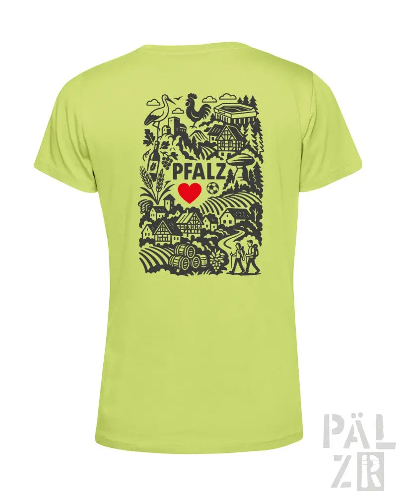 Limetgrünes T-Shirt mit schwarz-rotem Design, das den Text ’Pfalz’, ein Herzsymbol und verschiedene Illustrationen zeigt.