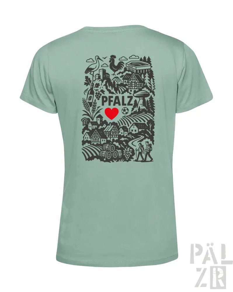 Minzgrünes T-Shirt mit schwarzem und rotem Design, das den Text ’pfalz’, ein Herzsymbol und verschiedene Illustrationen zeigt.