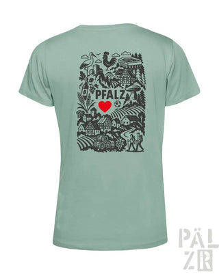 Minzgrünes T-Shirt mit schwarz-roter Gestaltung, die den Text ’pfalz’, ein Herzsymbol und verschiedene Illustrationen zeigt.