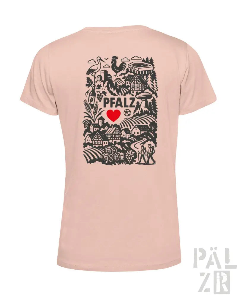 Pfirsichfarbener T-Shirt mit schwarz-rotem Design, das den Text ’pfalz’, ein Herzsymbol und verschiedene Illustrationen zeigt.