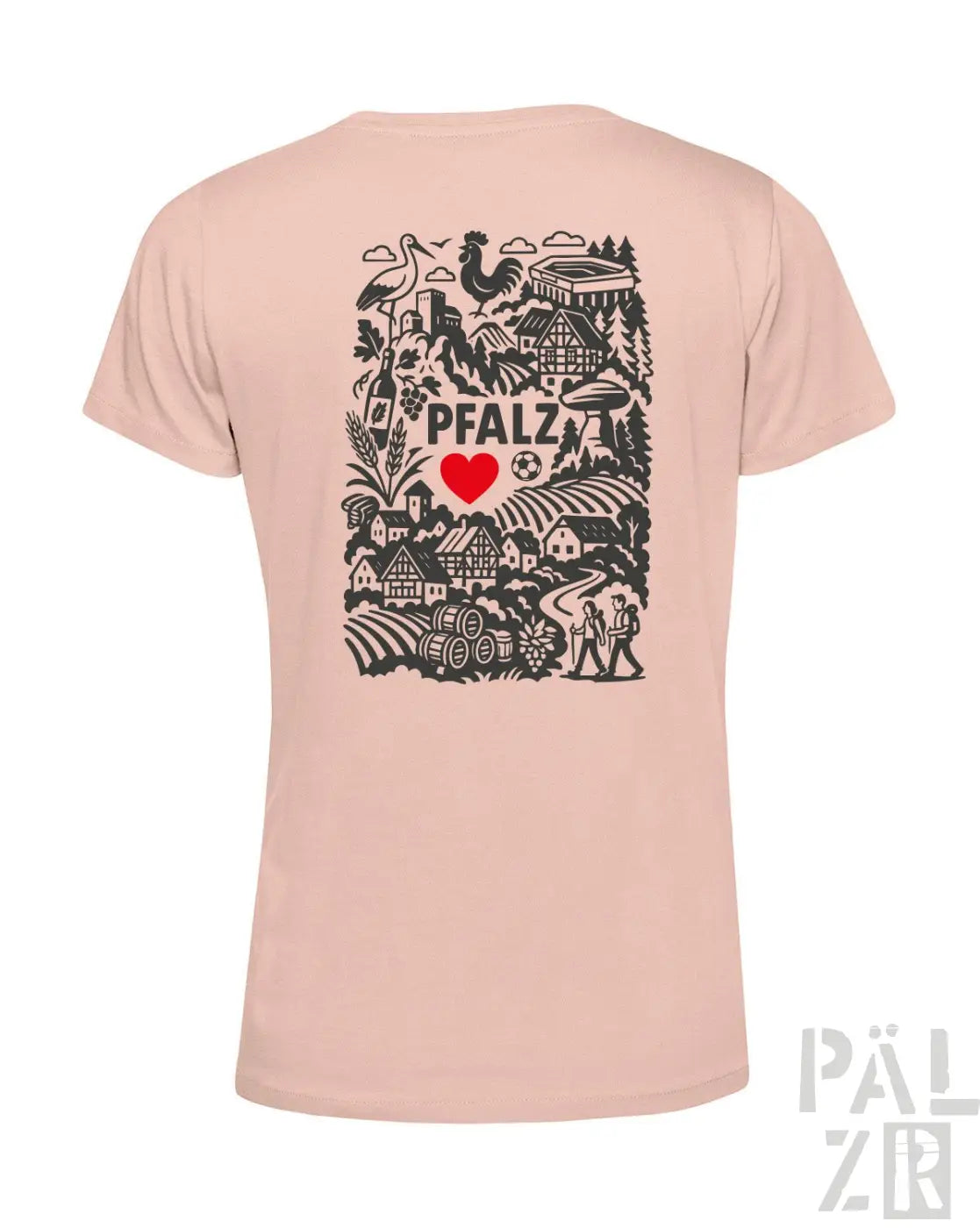Pfirsichfarbener T-Shirt mit schwarz-rotem Design, das den Text ’pfalz’, ein Herzsymbol und verschiedene Illustrationen zeigt.