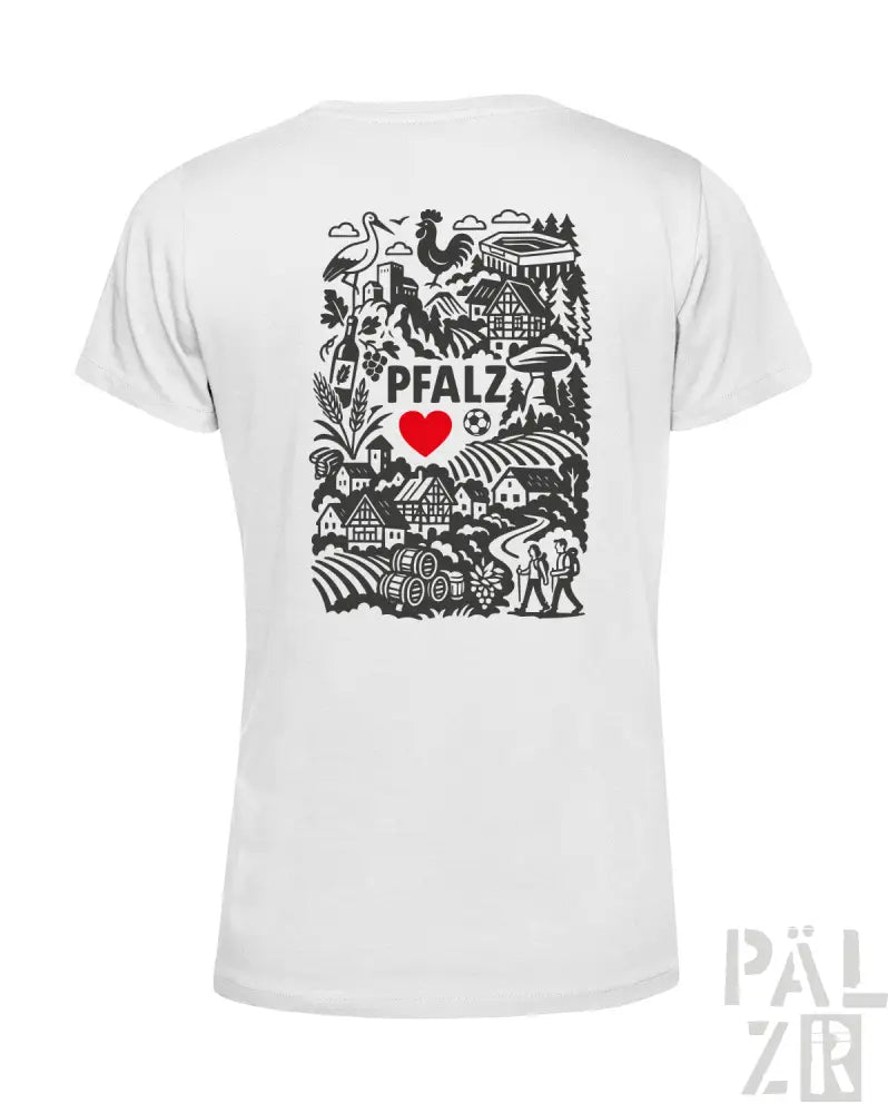 Weißes T-Shirt mit schwarz-rotem Design, das den Text ’Pfalz’, ein Herzsymbol und verschiedene Illustrationen zeigt.