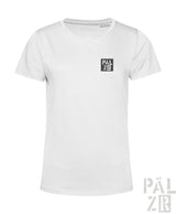 Weißes T-Shirt mit schwarzem Logodesign, aus Baumwolle gefertigt.
