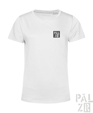 Weißes T-Shirt mit schwarzem Logodesign, aus Baumwolle gefertigt.
